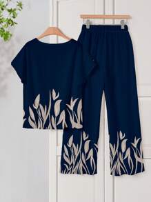 Rusticease 2pcs Women Casual Plant Print Shirt And Pants Set, Spring/Summer,Casual - Multicolor - View 3