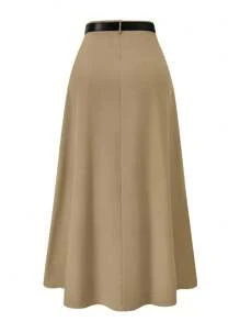 SHEIN LUNE Plus Size Solid Color Long Skirt For Casual & Commuter Wear, Autumn Maxi Skirt Fall Cloth For Women - Khaki - View 2