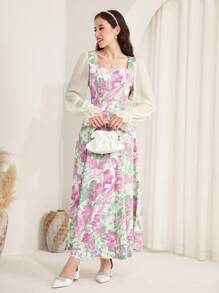 SHEIN Leap Crew Teen Girl Pink Woven Flower Printed Puff Sleeves, Spring And Summer, Elegant Vacation, Festival,Floral Patchwork Ruffle Sleeve Sweetheart Neckline Dress - Pink - View 7