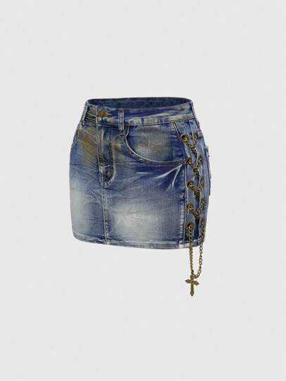 Hippie Plus Size Y2K Style Side Chain Cross Decor Retro Denim Mini Skirt