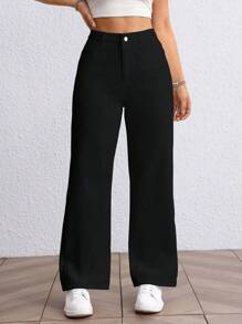 SHEIN Pantalones vaqueros rectos de cintura alta de unicolor versátiles - Negro - Ver 4