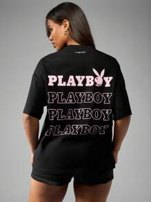 Missguided x Playboy Camiseta oversize para estar en casa, pijama, estampado gráfico, logo, ropa urbana casual de verano, ropa deportiva urbana, confort de fin de semana, moda Y2K