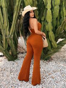 SHEIN SXY Damen Sommer Einfarbig Braun Gehäkelter Boho Gold Muschel Akzent Taillierter Tube Top Jumpsuit, Schmales Ausgestelltes Bein, Ideal Für Inselurlaub/Ferien/Strand - Braun - Übersicht 2