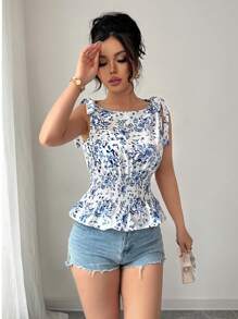 Breezaya Boho/Bohemian/Festival Bow Print Casual Vacation With Cinched Waist Design For Women Commute Elegant Women Blouse Summer Top - Blue - View 3