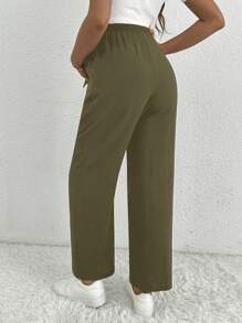 SHEIN Maternity Casual Woven Fabric Long Pants With Knot Detail In Army Green For Everyday Comfort