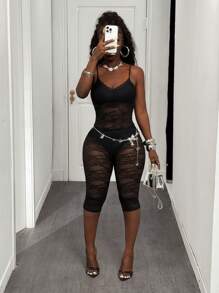 Slaydiva 2025 Spring/Summer New Fashion Versatile Black Sexy Street Casual Holiday Cruise Resort Beach Sunbathing Party Women Lace Spaghetti Strap Cropped Jumpsuit, Suitable For Music Festivals, Easter, Parties, Graduation Prom, Hottie - Black - View 5