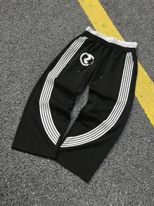 Manfinity Streetrush Manfinity Streetrush Men's Sweatpants One-Piece, 2 In 1 Double Waistband Design, Imitation Applique Embroidery Craftsmanship, Side Stripe Printing, Elastic Waistband Men Track Pants Gym Pants For Men Sport Pants For Men Men Gym Pants Street Wear Pants Men