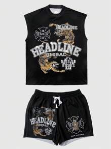 Manfinity Dauomo 男士休闲无袖上衣短裤套装，黑色印花图案，夏季 - 黑色 - 查看 1