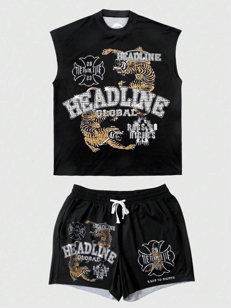 Manfinity Dauomo 男士休闲无袖上衣短裤套装，黑色印花图案，夏季 - 黑色 - 查看 1