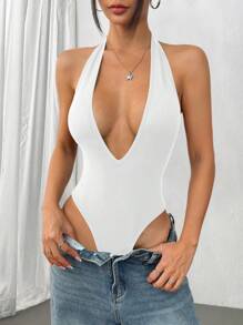 Flirla Petite Bộ đồ liền thân hở lưng cổ chữ V sâu màu đen, co giãn cao, mềm mại và thoải mái, trang phục đi nghỉ hàng ngày giản dị, tối giản thời trang dành cho phụ nữ nhỏ nhắn, mùa xuân/hè - trắng - Xem 6