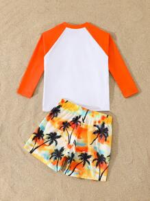 Tween Boy Coconut Tree Print Swimsuit Set,Raglan Long-Sleeved Top And Beach Shorts 2 In 1 Set - Multicolor - View 2