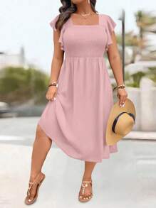 SHEIN LUNE 女士度假高腰A字盖袖连衣裙 - 粉色 - 查看 4