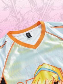 ROMWE MEN Winx Club X ROMWE 男式拼色V领卡通图案短袖休闲T恤 - 藍色 - 查看 3