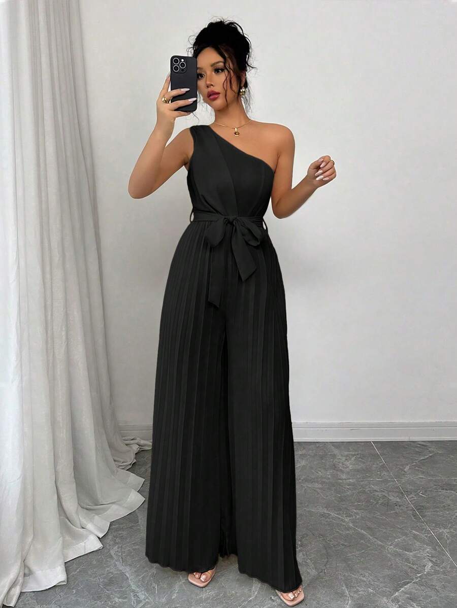 Elenzga Elegant Apricot Ruched Waist & Hem Jumpsuits For Women, Christmas - Black - View 1