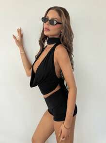 SHEIN ICON 2pcs/Set Large Draped Neck Backless Cami Top And Tight Shorts Set - Black - View 3