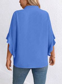 Plus Size Women Solid Color Pearl Decor Lace-Up Collar Short Sleeve Blouse - Blue - View 2