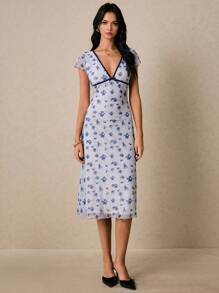 Poéselle Women's Elegant Blue Floral Print Midi Dress With V-Neck And Lettuce Trim Detail - Blue - View 5