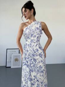 Firerie Nuevo vestido de mujer para primavera/verano, de uso casual, vacaciones, romántico, elegante, para citas. Asimétrico, con estampado floral azul, fruncido, con volantes huecos en el bajo, de un solo hombro. Para playa, boda. - Azul - Ver 4