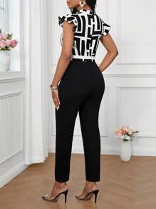 SHEIN Lady Ruffled Flying Sleeves Geometric Pattern Printed Shirt Women's Jumpsuit Elegant Party, Casual Everyday, Four Seasons - Black and White - View 2