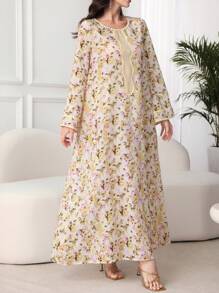 SHEIN Najma 圆领小碎花纯色荷叶边阿拉伯风格连衣裙，配头巾，端庄大方