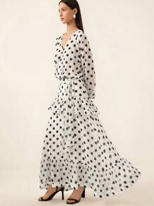 Aveloria Rosie Blusa con volantes y mangas acampanadas con lazo a lunares estilo clásico francés, combinada con falda de gasa de doble capa con volantes en el bajo, conjunto de 2 piezas para mujer de estilo elegante y de moda para primavera y otoño