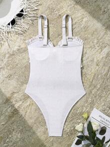 SHEIN Swim 女士夏季纯色高腰荷叶边蝴蝶结连体泳衣 - 白色 - 查看 5