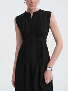 Aalyst 优雅艺术风格女士优雅无袖系带腰立领衬衫连衣裙 - 黑色 - 查看 6