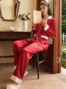 Côtesoire French Retro Elegant Color Block Lace Trim Satin Women Pajama Set