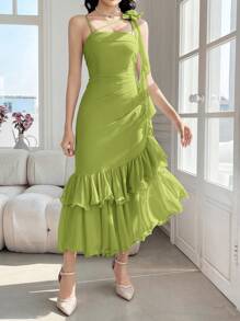 Modelyn 女式纯色 3D 花卉装饰荷叶边下摆优雅中长连衣裙 - 綠色 - 查看 4