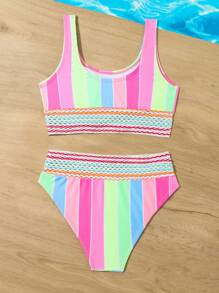 SHEIN Tween Girl Striped Round Neck Bikini Set Summer Beach - Multicolor - View 1