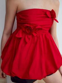 MOTF STUDIO STEREO FLORAL PUFFBALL TUBE BLOUSE - Red - View 2