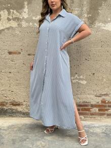 Breezaya Vestito camicia casual con fessura laterale, a maniche corte, monopetto, a righe, taglie forti per donne
