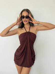 SHEIN ICON Women's Coffee Color Halter Backless Bodycon Ruffled Mini Dress, Layered Draping Vacation Style - Coffee - View 4