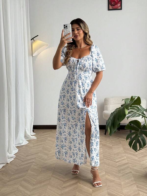 Roveilla Elegant gemustertes Maxikleid mit hohem Schlitz in großen Größen für den Sommer