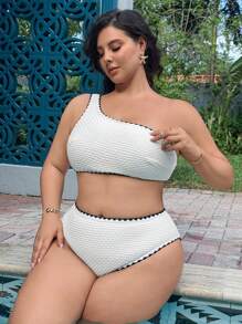 SHEIN Swim Curve Große Größen Frauen Bikini-Set mit Blumen-Besatz an einer Schulter, Lässig Urlaub