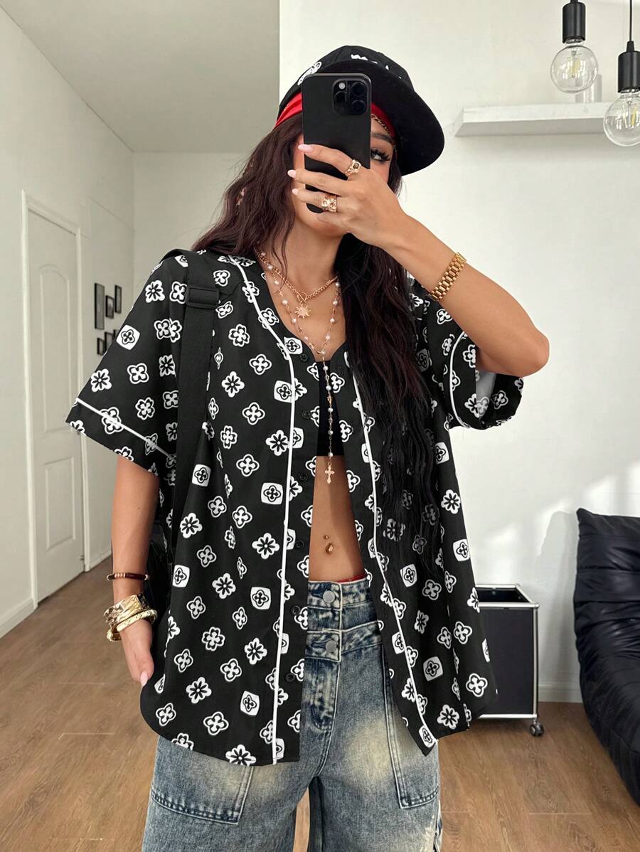 Coolane 女士夏季外出时尚街头情侣同款图案棒球服纽扣衬衫 - 黑色 - 查看 1