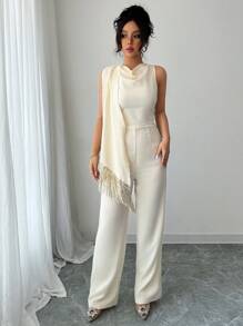 Chiquease Combinaison élégante pour femme avec encolure drapée et lien à franges - Nude - Voir 6