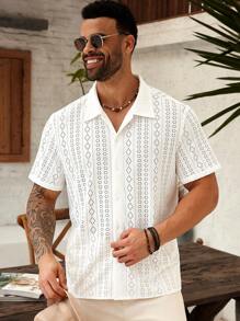 ResortEase Camisa de manga corta casual holgada y con estampado calado para hombres de talla grande