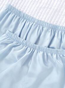 SHEIN 女童 3 件組睡衣套裝：純色皺褶布料長褲、短褲與短袖 V 領上衣，適合大齡前青春期女孩的休閒睡衣 - 藍色 - 查看 7