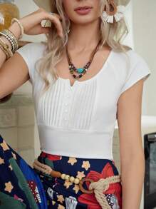 LanaWest Áo thun nữ tay ngắn có thiết kế sọc phía trước - trắng - Xem 1