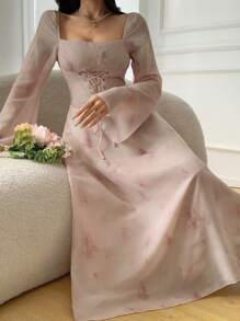 DAZY 女式系腰长袖中长连衣裙，秋季连衣裙 - 杏色 - 查看 1