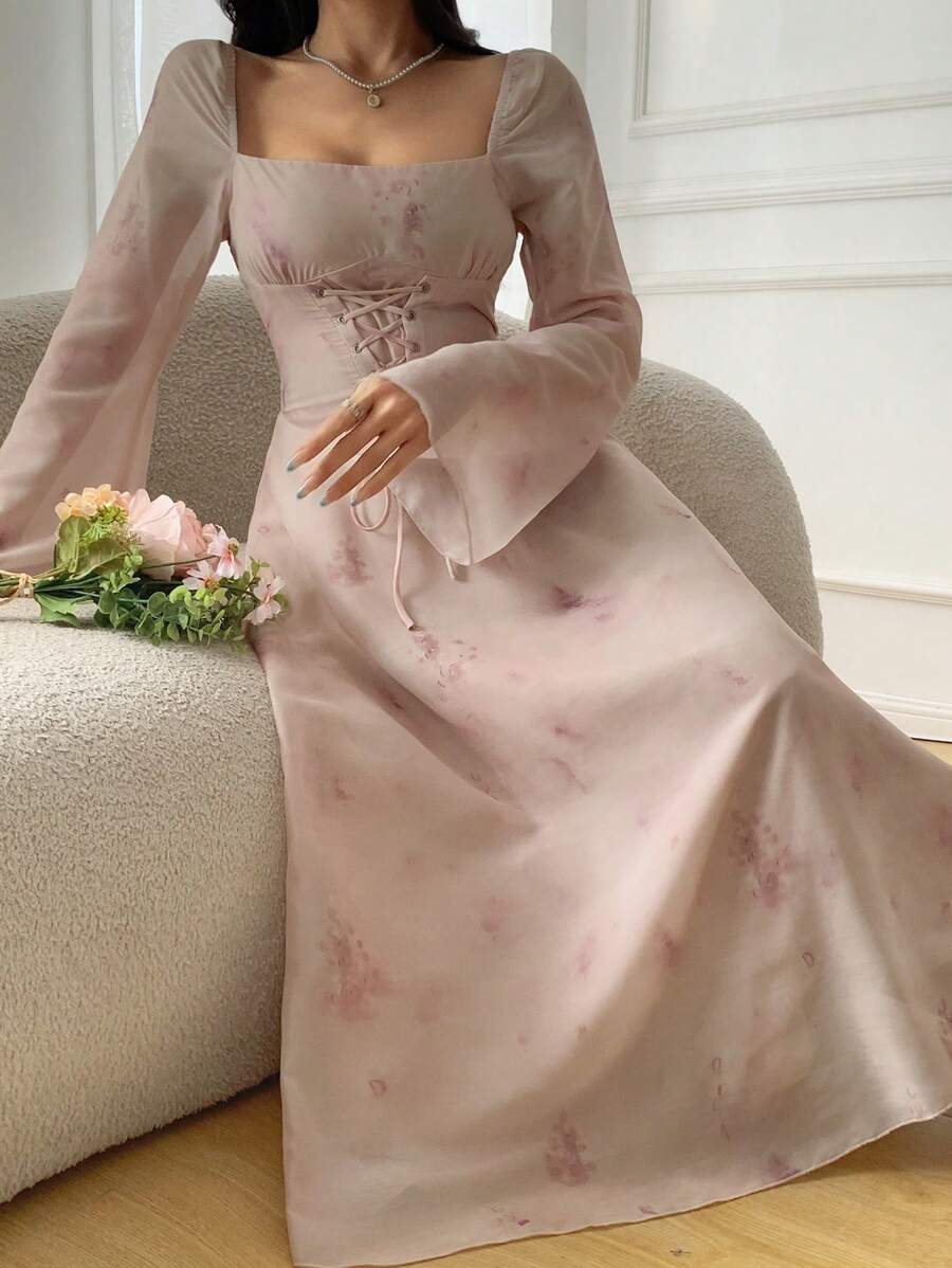 DAZY 女式系腰长袖中长连衣裙，秋季连衣裙 - 杏色 - 查看 1