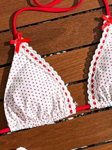 Swim Mod 2pcs/Set Women Polka Dot Print Triangle Halter Bow Knot Ruffled Hem Swimwear Bikini Set For Summer Beach Vacation - Red and White - View 8