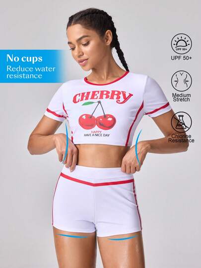 Swim SPRTY 2 件女式高领字母和樱桃印花短款 T 恤和运动方形短裤套装