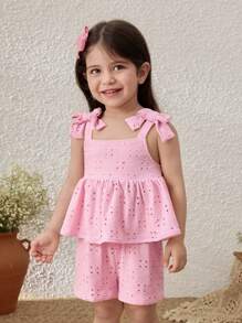 Blossori Bộ đồ nghỉ mát cho bé gái 2 món - Bộ áo yếm và quần short trang trí nơ màu hồng - Hồng - Xem 7