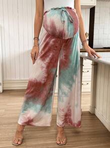 SHEIN Tie-Dye Print Drawstring Waist Wide Leg Pants For Pregnant Women, Suitable For Vacation - Multicolor - View 5