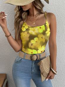 ORANGE STUDIO Atasan Camisole Wanita Model Pas Badan dengan Motif Bunga Cat Air, Cocok untuk Musim Panas - Kuning - View 6