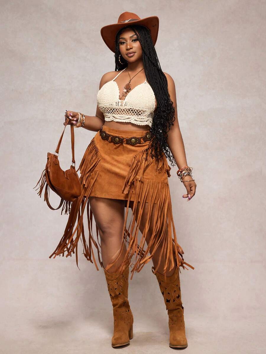 Slaydiva 2025 春夏新品节日波西米亚优雅度假纯色棕色流苏下摆半身裙，女式加大码下装 - 棕色 - 查看 1