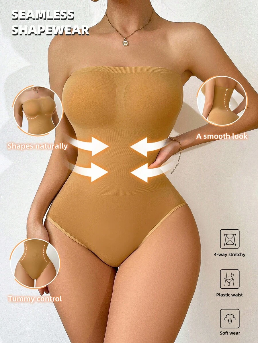 Women Plain Color Seamless Bodysuit - Apricot - View 1