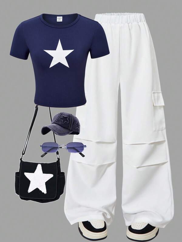 SHEIN Conjunto de 2 piezas para niña preadolescente compuesto por camiseta de cuello redondo de manga corta y pantalón largo en unicolor, de moda para el verano